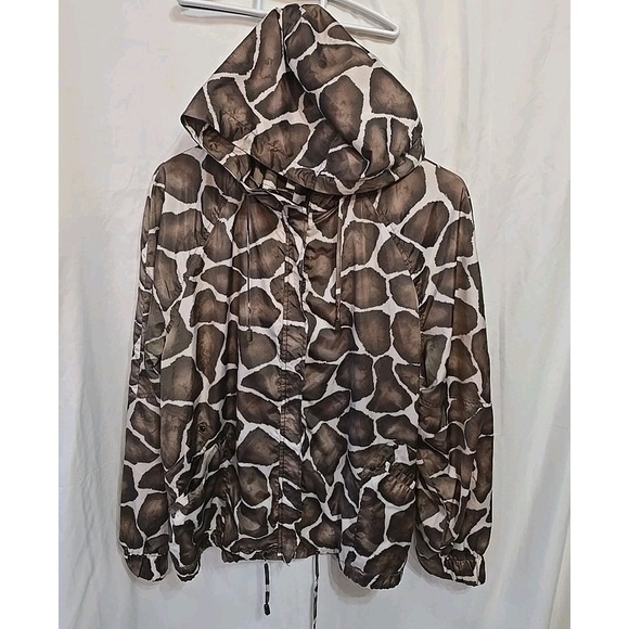 Zenergy By Chicos Brown Giraffe Print Light Hooded Jacket Zip Front SZ 2=L - Picture 2 of 15